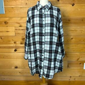 NWT trendy oversized plaid flannel long shirt jacket shacket tunic top L/XL boho